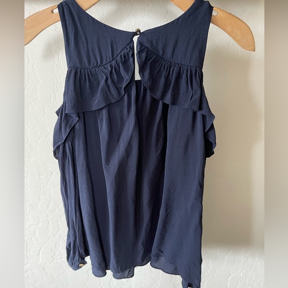 Anthropologie Maeve| Navy Cold Shoulder Ruffle Blouse with Gold Buttons••• - Picture 5 of 12